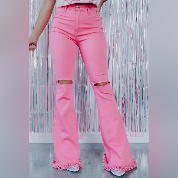 High waisted flare leg ripped raw hem jeans - Picture 1 of 3